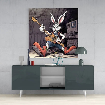 Rocking rabbit tempered glass art panel with guitar-playing bunny
