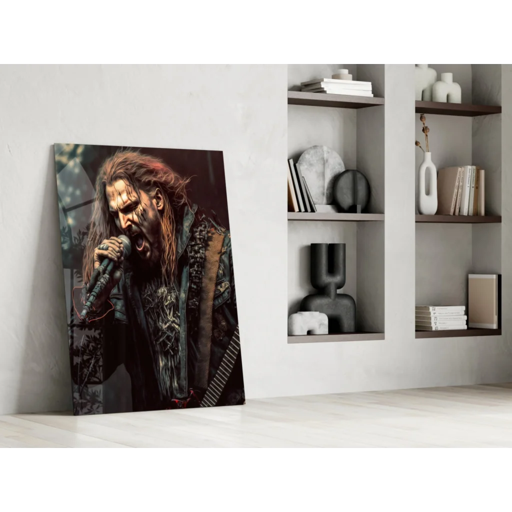 Epic long-haired metal singer on glass wall art print