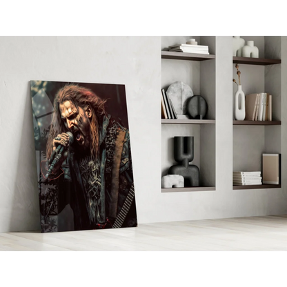 Epic long-haired metal singer on glass wall art print