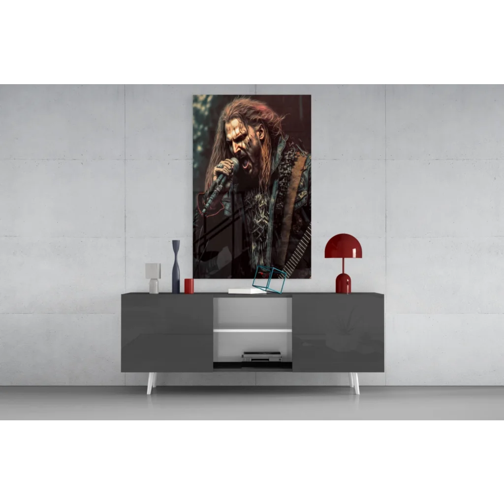 Vibrant red mushroom lamp in Epic Metal Singer glass wall art print