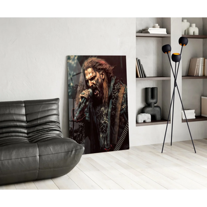 Epic Metal Singer glass wall art print of intense long-haired musician
