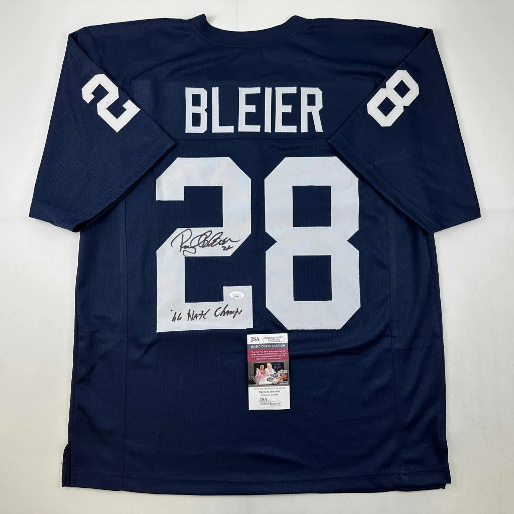 Autographed navy blue Rocky Bleier 28 custom jersey from a professional sports league
