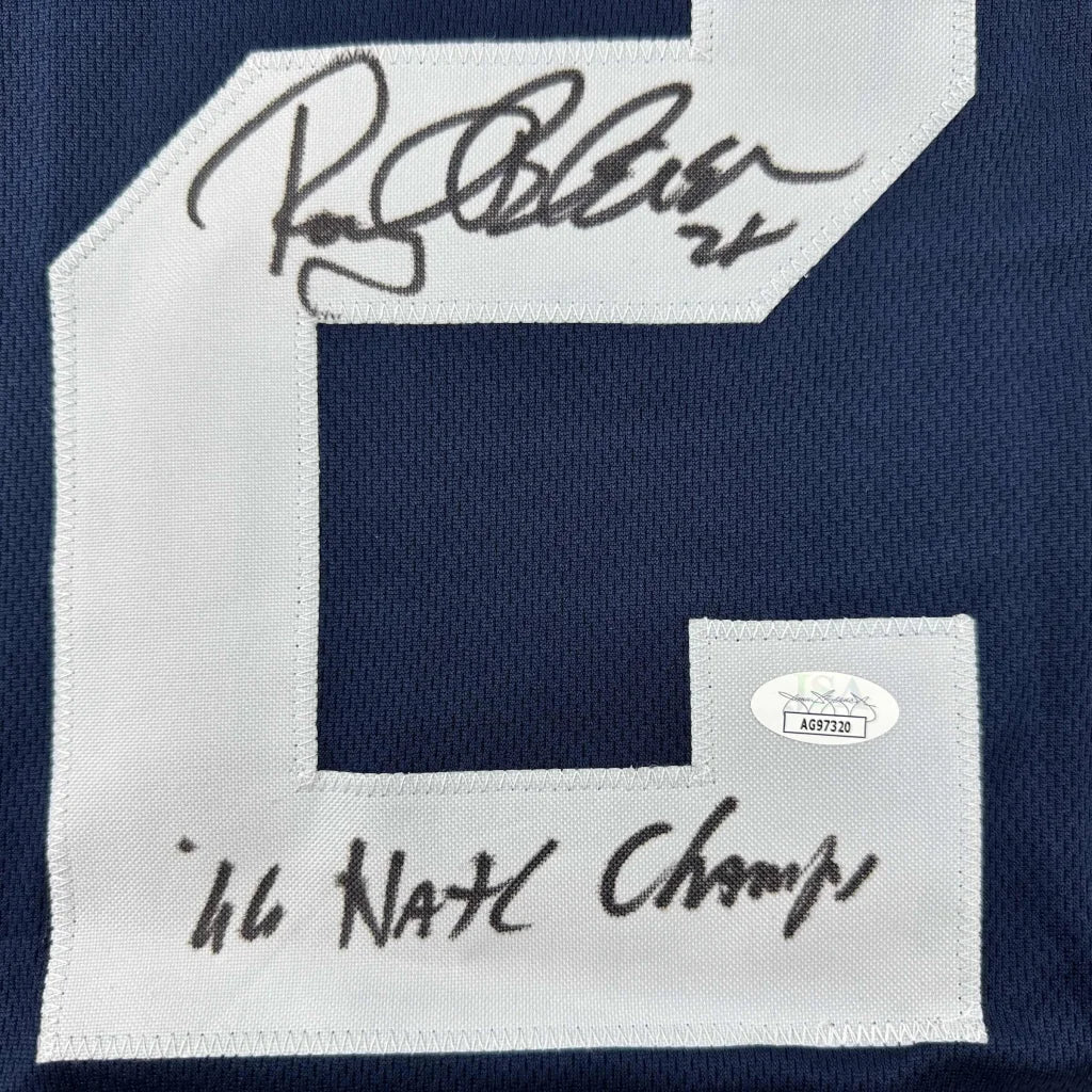 Blue and white Rocky Bleier custom jersey with 66 Natl Champs autograph, perfect for sports fans