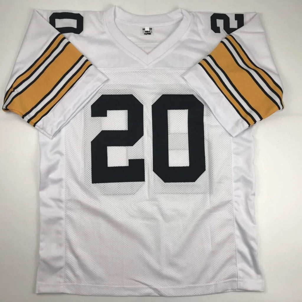 Pittsburgh Steelers white jersey number 20 gold and black striped sleeves