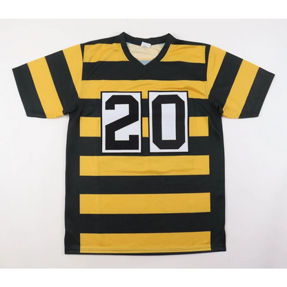 Black and yellow striped v-neck shirt from Rocky Bleier signed jersey collectible