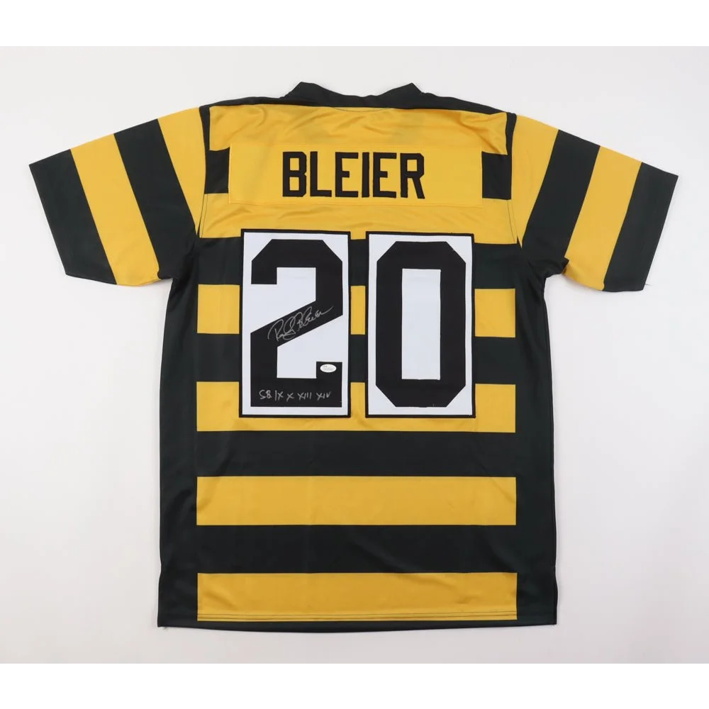 Autographed Rocky Bleier signed jersey with black and gold stripes and Bleier 20 on back