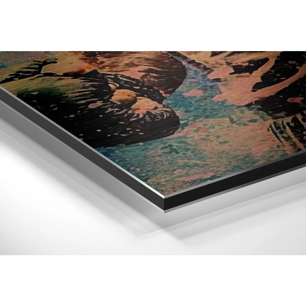 Abstract brushed aluminium dibond print in black, teal, rust tones