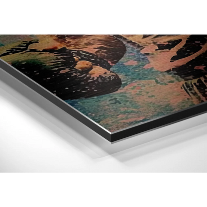 Abstract brushed aluminium dibond print in black, teal, rust tones