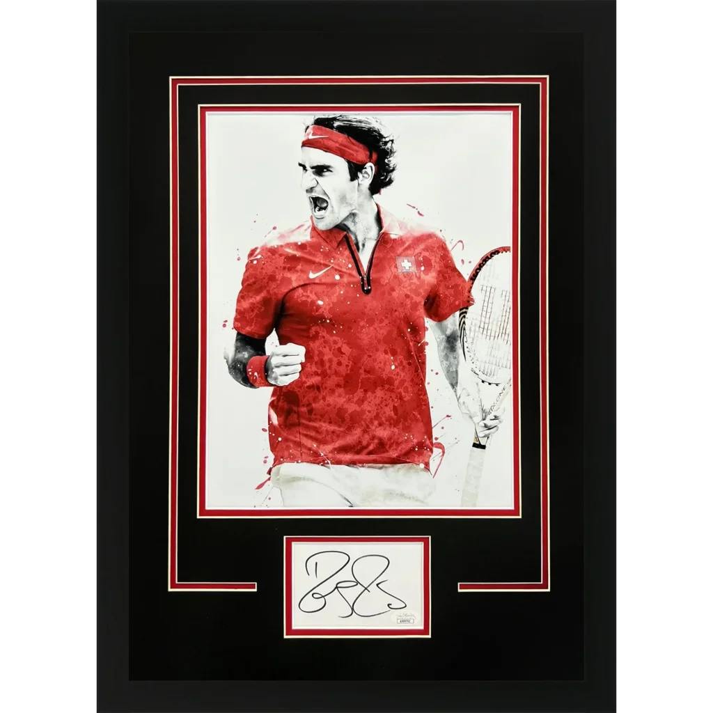 Framed Roger Federer autographed 11x14 splash art in red Nike polo