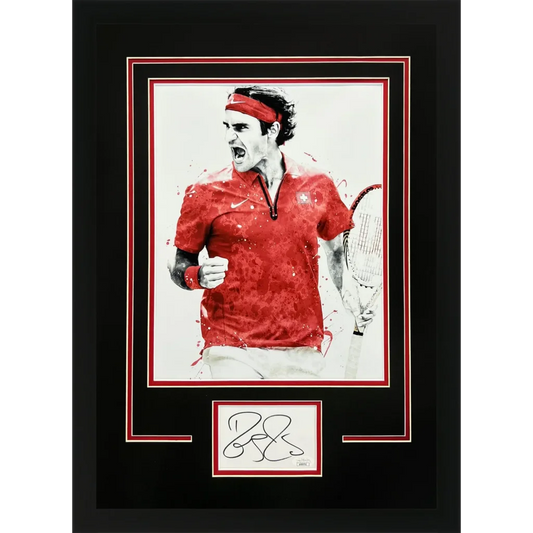 Framed Roger Federer autographed 11x14 splash art in red Nike polo