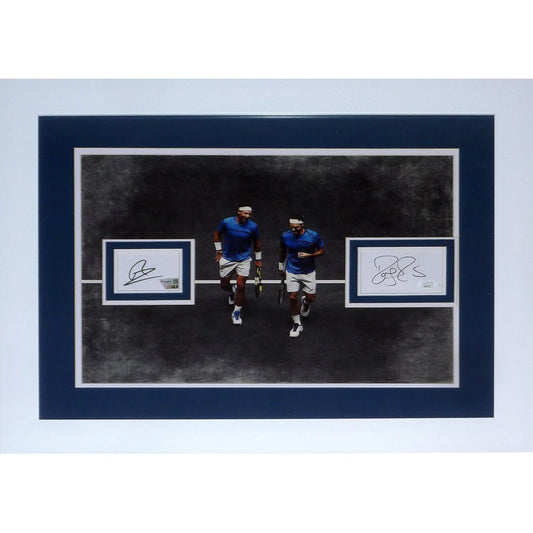Roger Federer and Rafael Nadal autographed tennis photo with floating matted autographs