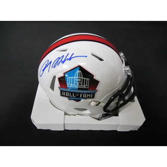 White football helmet with red stripe and blue autograph, a Roger Staubach signed HOF mini helmet