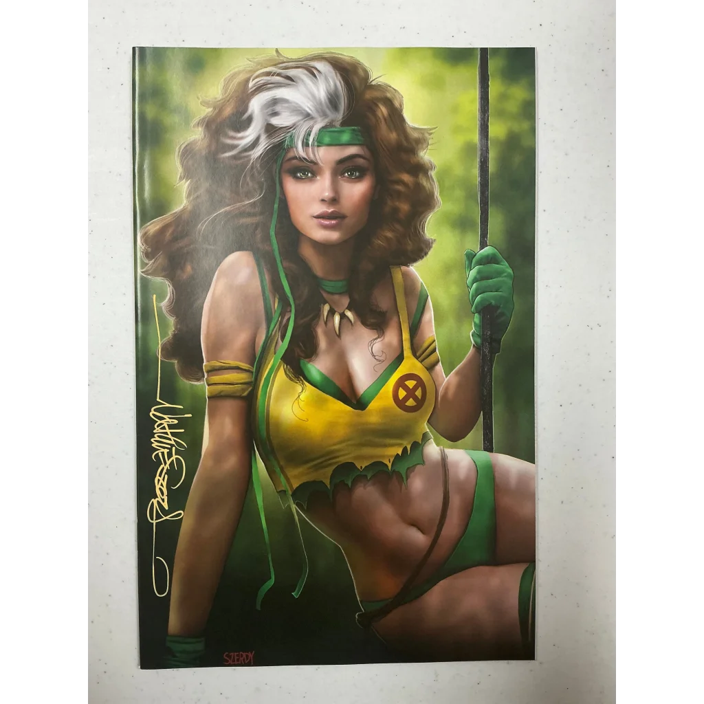 Comic book cover with woman in yellow and green outfit from Rogue and Gambit by Nathan Szerdy
