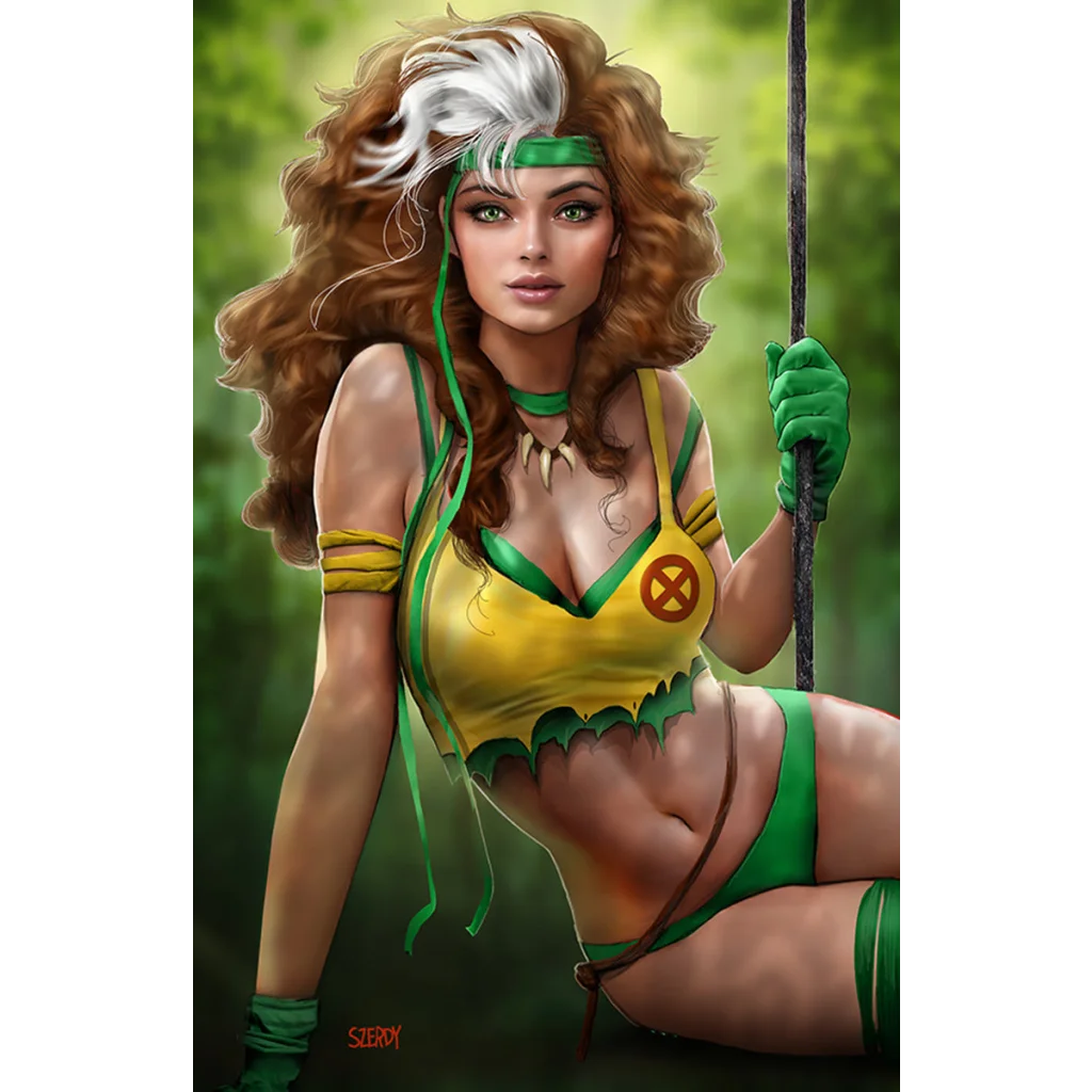 Woman with long curly brown hair, yellow-green outfit, holding pole - Nathan Szerdy art