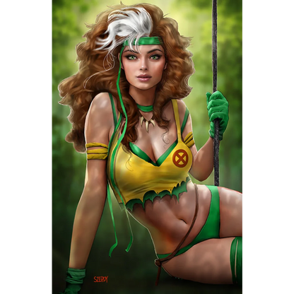 Woman with long curly brown hair, yellow-green outfit, holding pole - Nathan Szerdy art