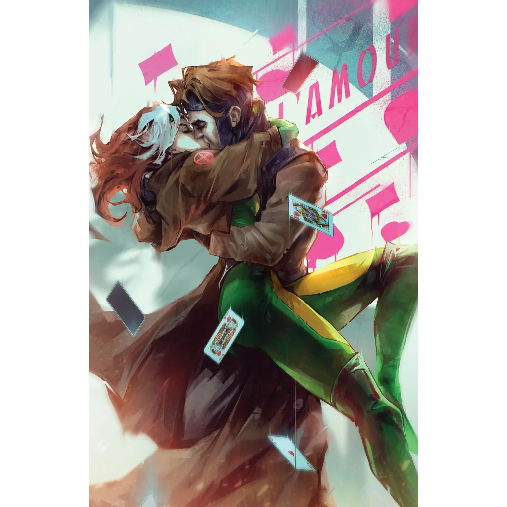 Rogue and Gambit hugging with floating cards on Rogue and Gambit Issue 3 Variant Cover
