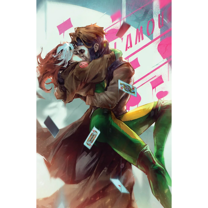 Rogue and Gambit hugging with floating cards on Rogue and Gambit Issue 3 Variant Cover