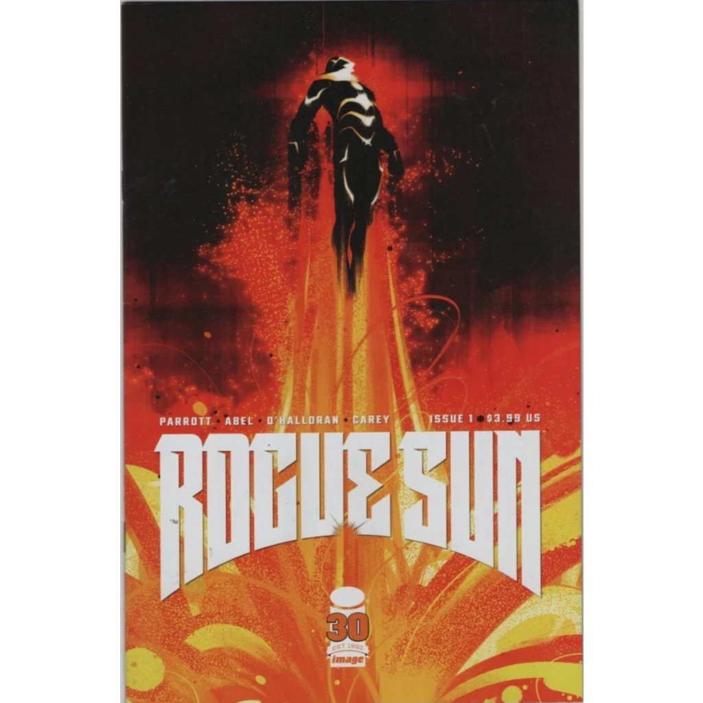 Rogue Sun #1 Cvr B Montes by Ryan Parrott, black and white armored figure on fiery red orange background