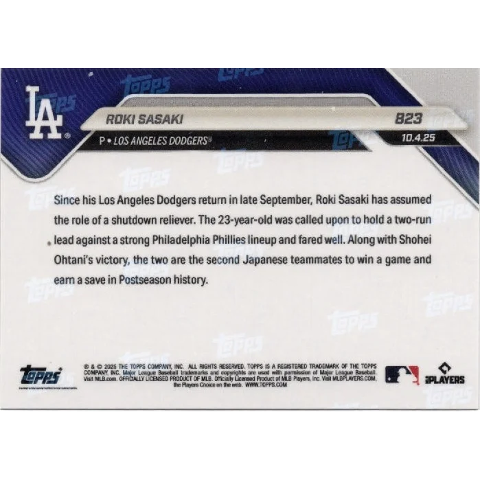 Roki Sasaki 2019 Topps Now RC Dodgers pitcher card