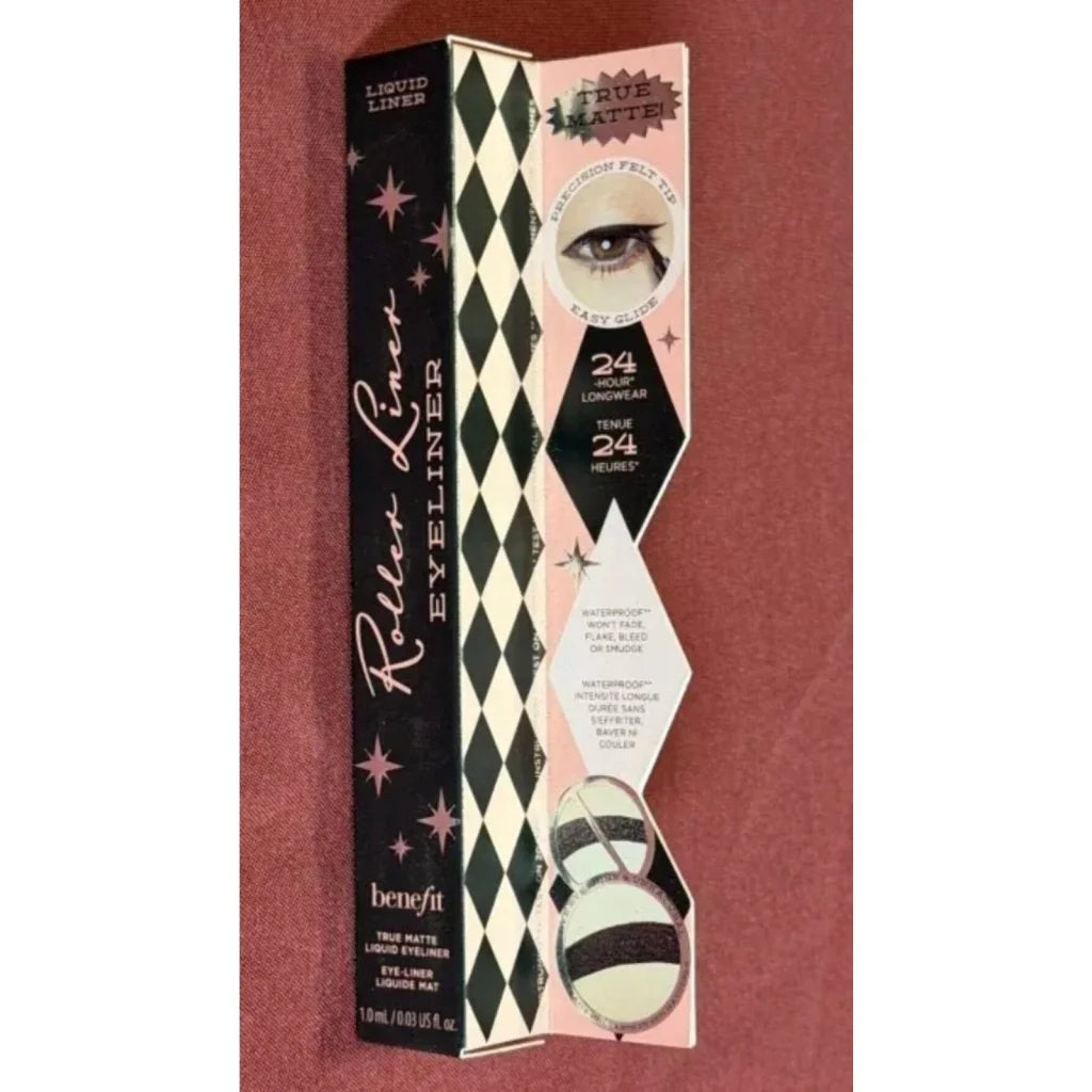 Roller Liner liquid eyeliner 10ml in black white checkered box with pink stars