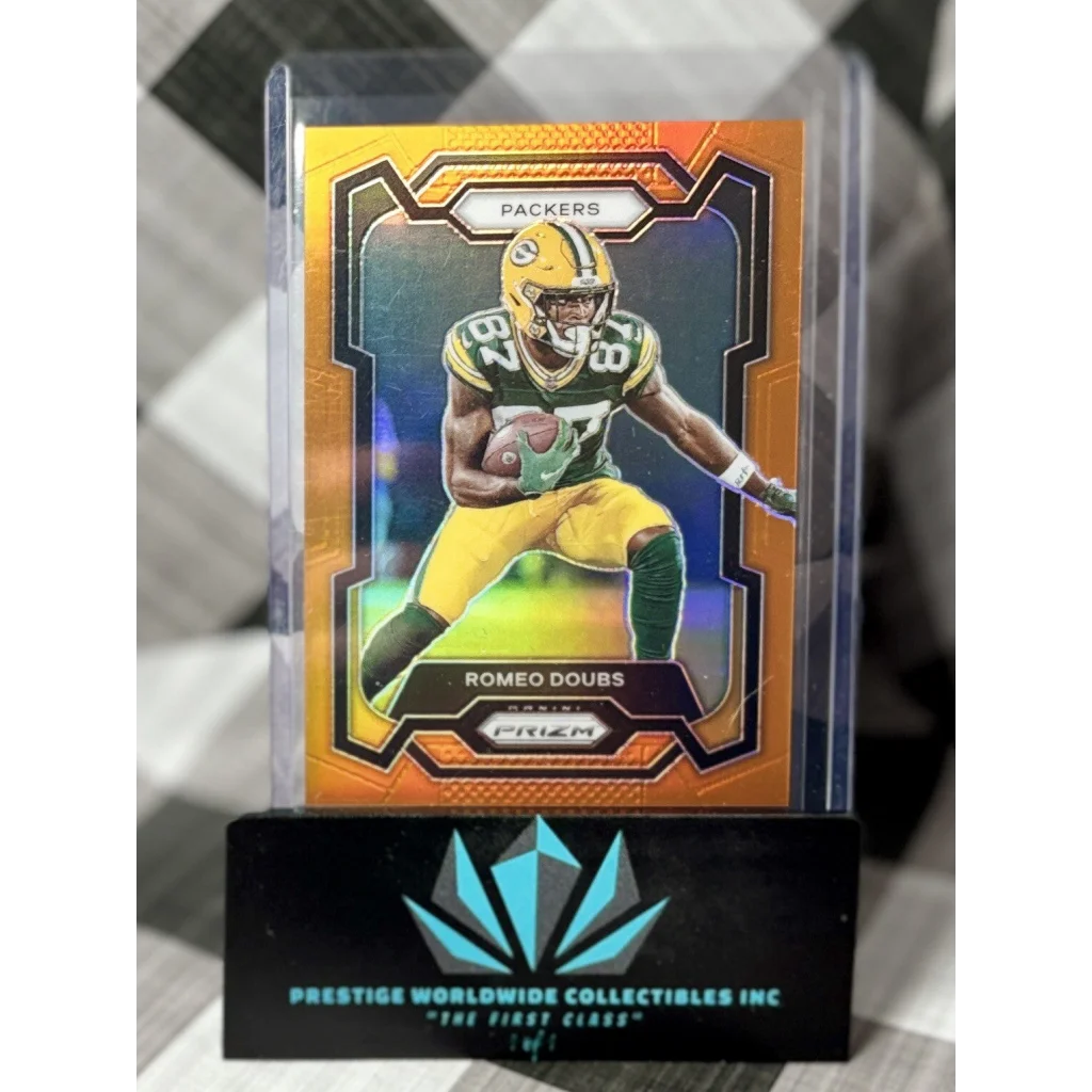 Romeo Doubs gold green Packers card in case from Prestige Worldwide Collectibles