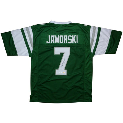 Back of Ron Jaworski autographed Philadelphia Eagles green #7 jersey with JSA