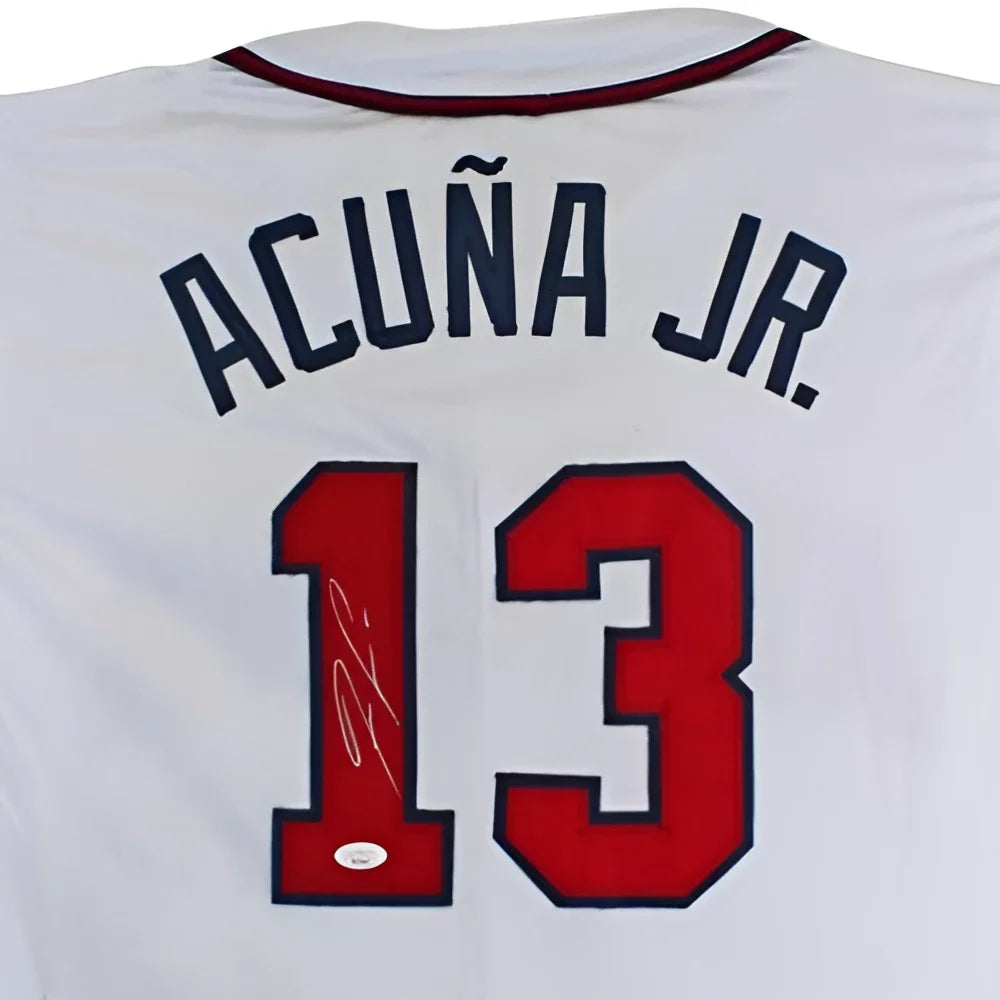 Ronald Acuna Jr. autographed Atlanta custom baseball jersey, white with navy blue and red lettering, Acuna Jr. above number 13