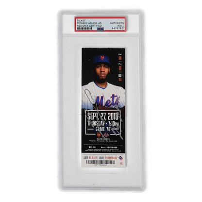 Autographed Atlanta Braves Ronald Acuna game ticket in protective slab PSA authenticated