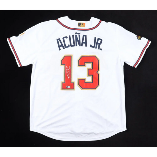 White Ronald Acuna signed jersey with World Series patch and red gold trim