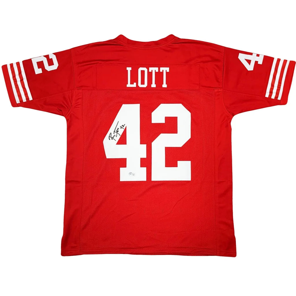 Ronnie Lott signed San Francisco custom jersey #42 red with Lott 42