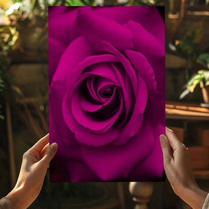 Vibrant magenta rose on insigne aluminum print held by hands
