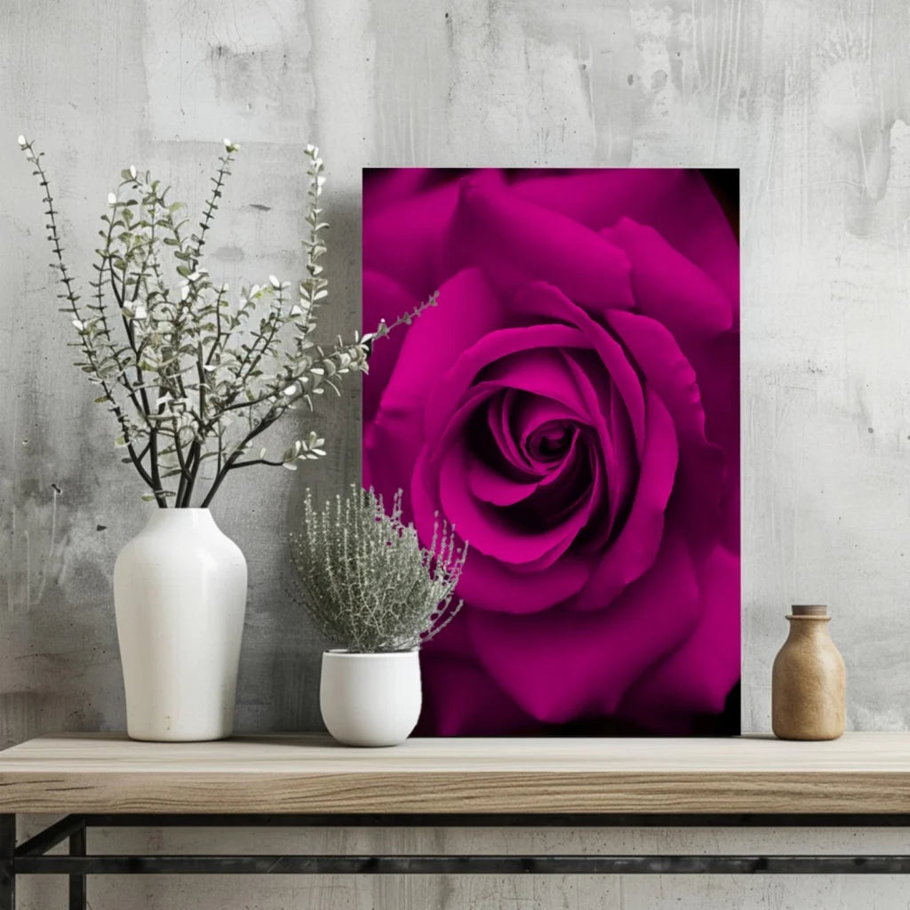 Vibrant magenta rose insigne aluminum print with detailed petals