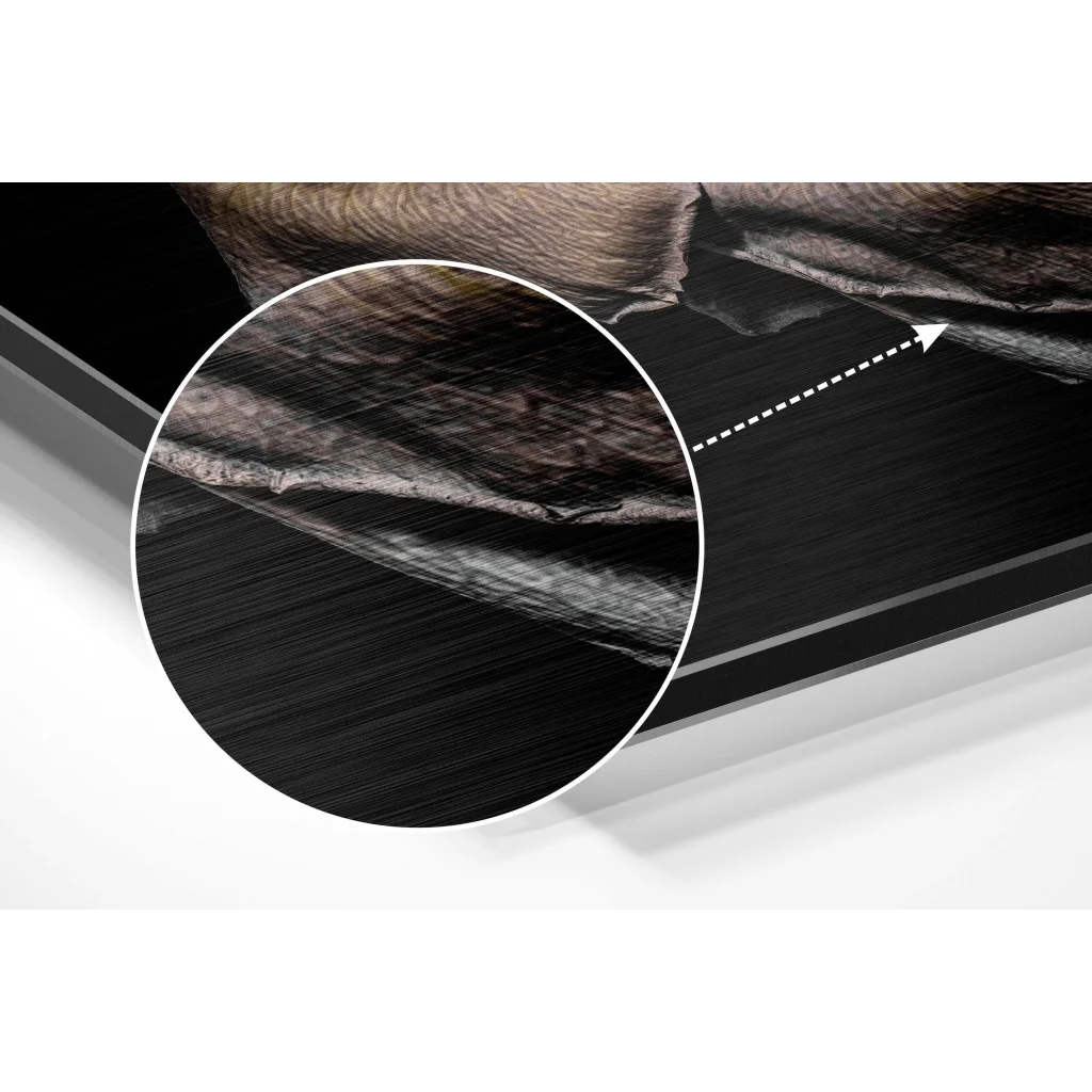 Stunning brushed aluminium dibond wall art with black textured acrylic print and dark gray fabric pattern close-up