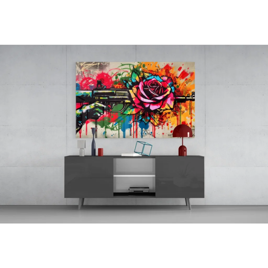 Vibrant graffiti rose gun glass wall art with bold paint splatters
