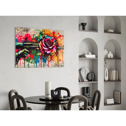 Vibrant graffiti rose on black gun silhouette in glass wall art