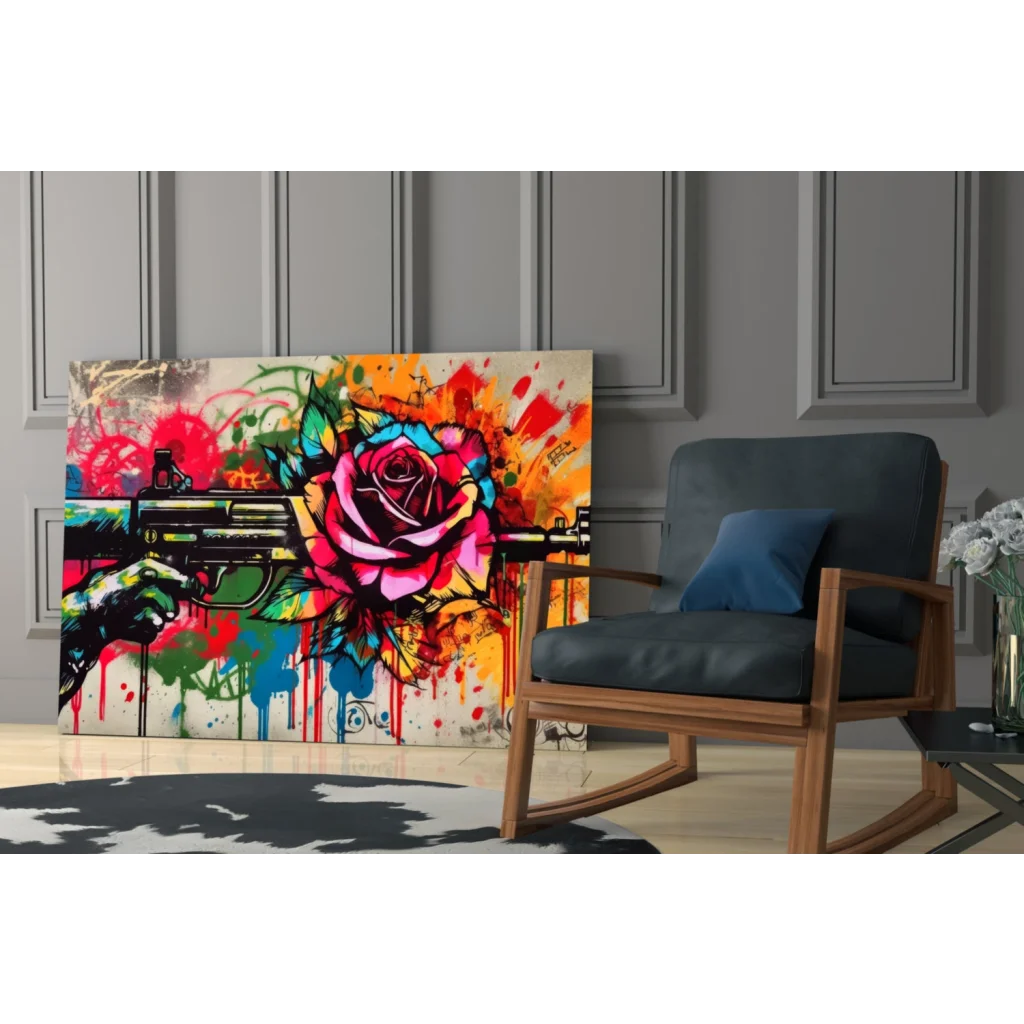 Vibrant graffiti rose gun glass wall art with bold paint splatter