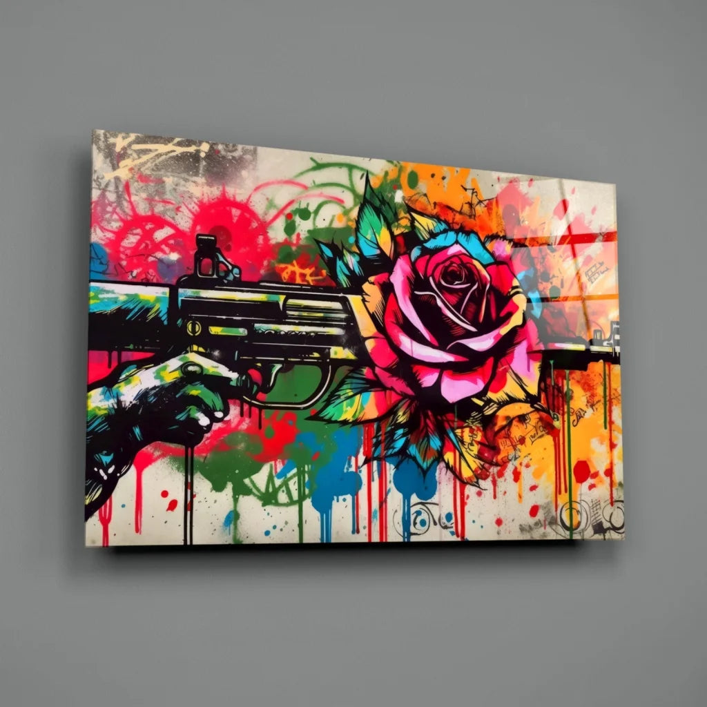 Graffiti Rose Gun Glass Wall Art with Bold Paint Splatter Design | Glass Wall Art Print | vintageantiquesgifts.com