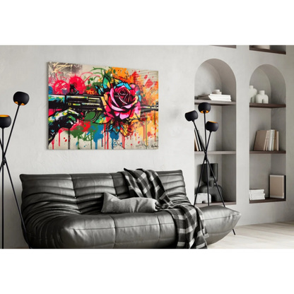 Graffiti Rose Gun Glass Wall Art with Bold Paint Splatter Design | Contemporary Home Wall Art | vintageantiquesgifts.com