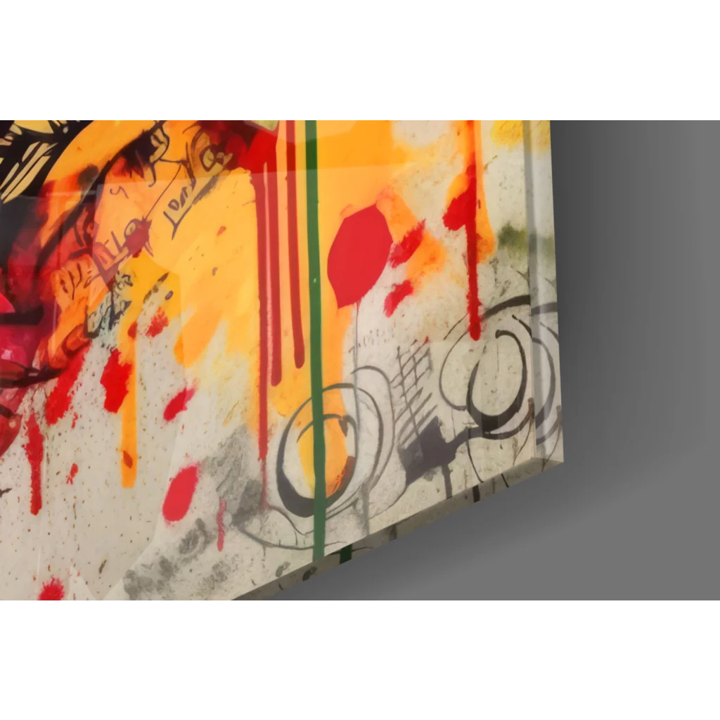 Vibrant Graffiti Rose Gun glass wall art with bold red paint splatters