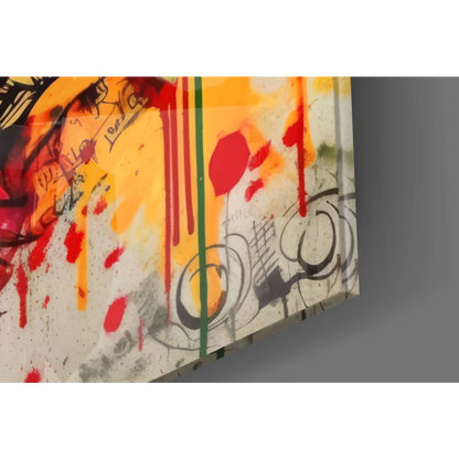 Vibrant Graffiti Rose Gun glass wall art with bold red paint splatters