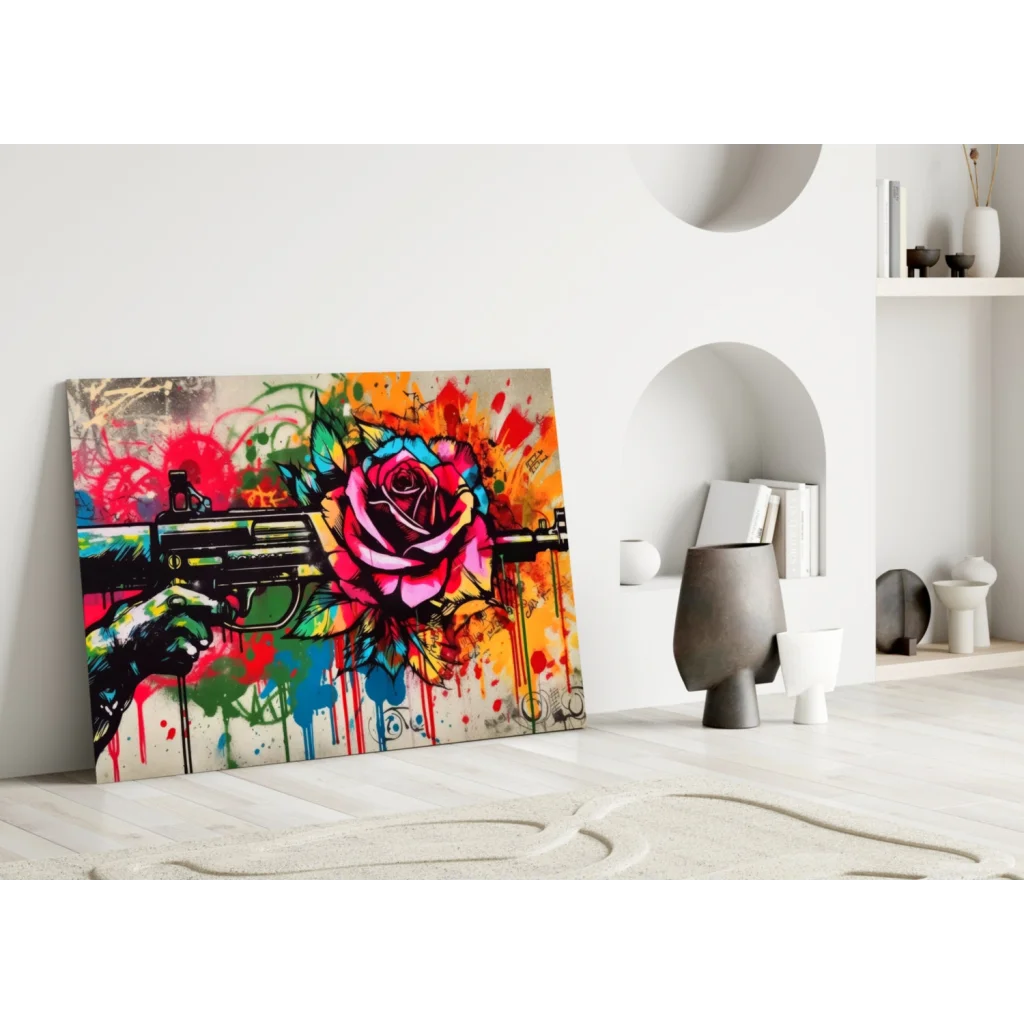Graffiti Rose Gun Glass Wall Art with Bold Paint Splatter Design | Modern Wall Art Decor | vintageantiquesgifts.com