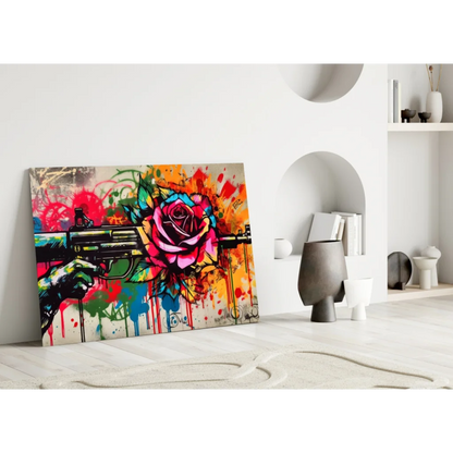 Graffiti Rose Gun Glass Wall Art with Bold Paint Splatter Design | Modern Wall Art Decor | vintageantiquesgifts.com