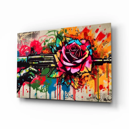 Graffiti Rose Gun Glass Wall Art with Bold Paint Splatter Design | Insigneart USA | vintageantiquesgifts.com