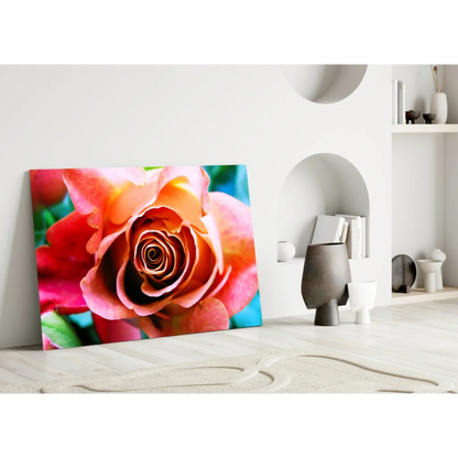 Stunning Orange Rose Canvas Wall Art on Bright Blue | Modern Wall Art Decor | vintageantiquesgifts.com