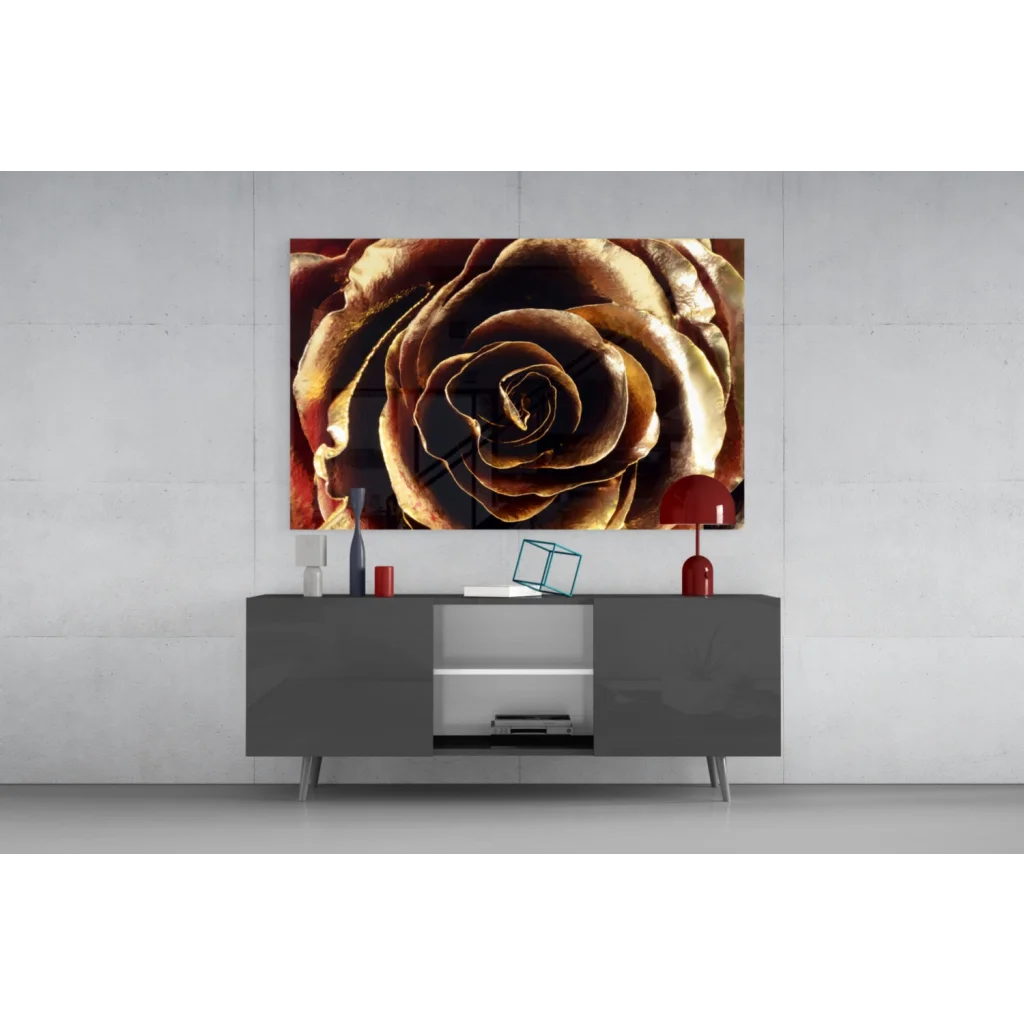 Stunning golden rose canvas wall art with metallic shine close-up