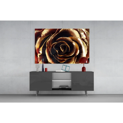 Stunning golden rose canvas wall art with metallic shine close-up