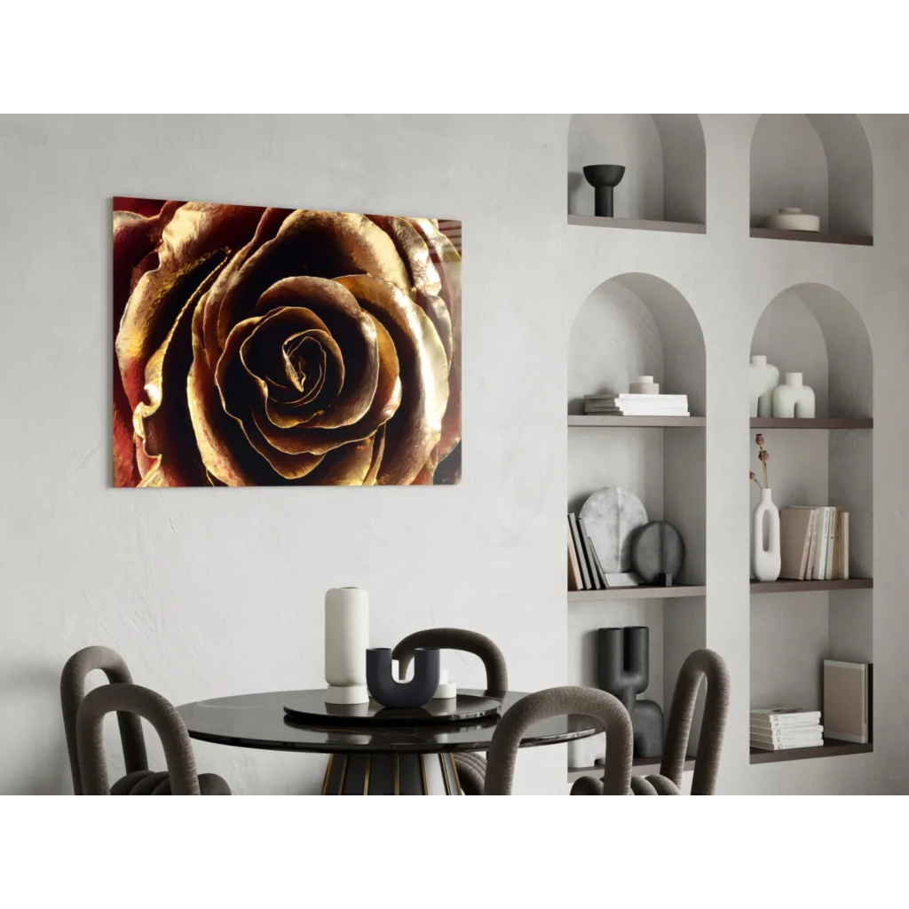 Stunning golden rose canvas wall art with metallic shine and detailed petals