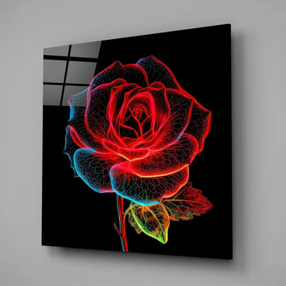 Vibrant neon red blue wireframe rose on tempered glass art panel