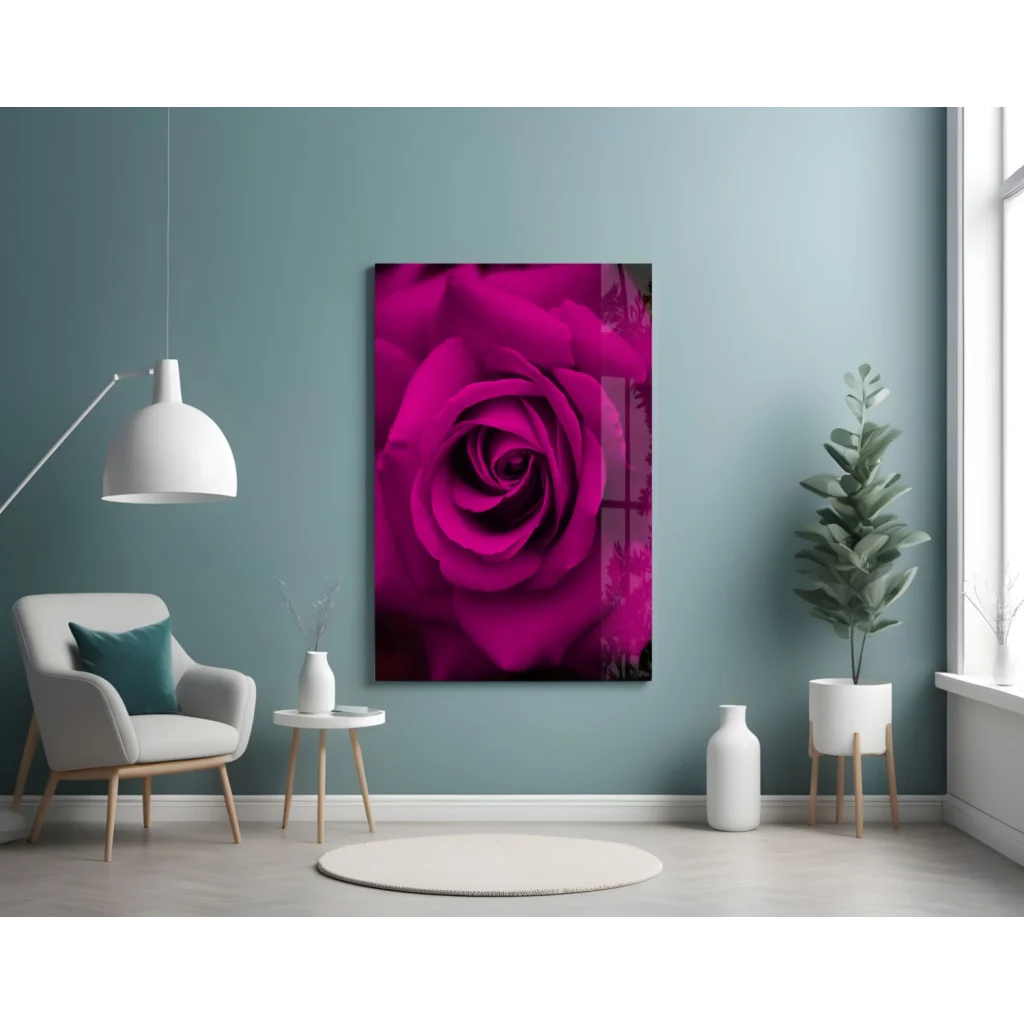 Vibrant magenta rose glass wall art on teal wall