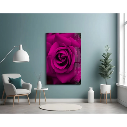 Vibrant magenta rose glass wall art on teal wall